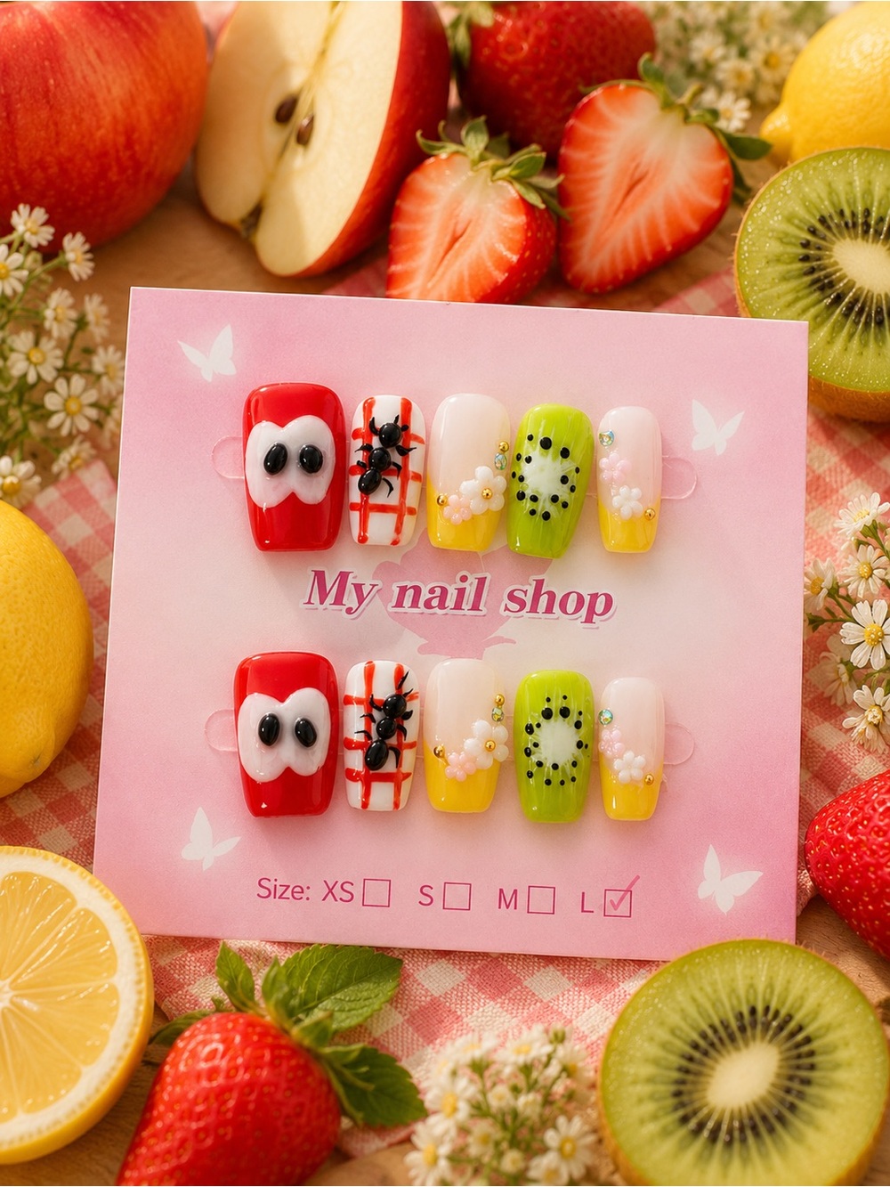 Picnic Press-On Nails with Apple, Ant, Kiwi, and Flowers